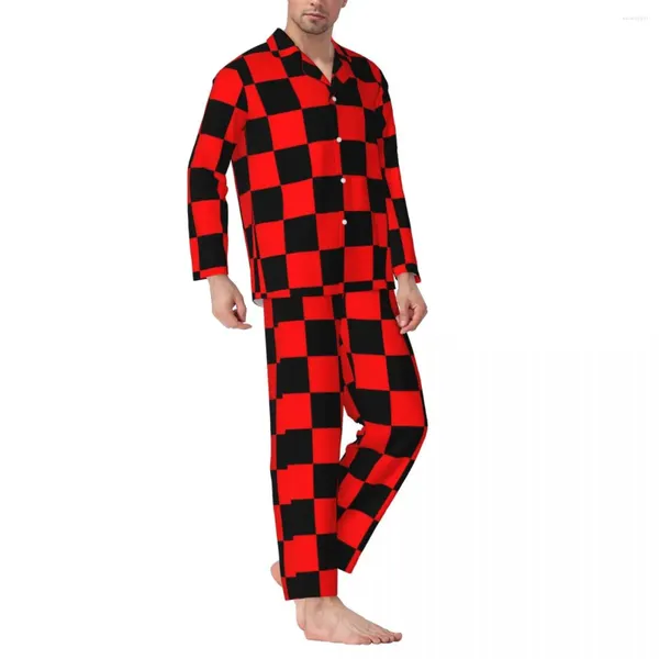 Vêtements de nuit pour hommes Pyjamas bicolores noirs et rouges Hommes Damier Mignon Doux Loisirs Automne 2 pièces Esthétique Ensembles de pyjama graphiques surdimensionnés