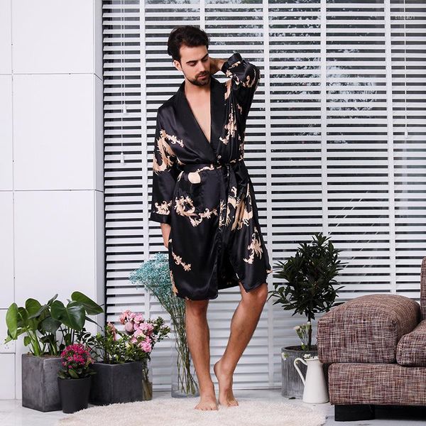 Vêtements de nuit pour hommes Noir Hommes Robe Kimono Robe Mâle Satin Vêtements De Nuit À Manches Longues Peignoir Imprimer Pyjamas