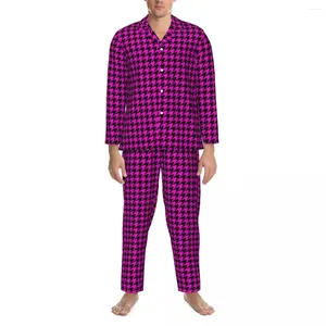 Vêtements de nuit pour hommes Noir Rose Poule Pyjama Ensembles Rétro Imprimer Mode Hommes À Manches Longues Vintage Maison 2 Pièces Vêtements De Nuit Plus Taille