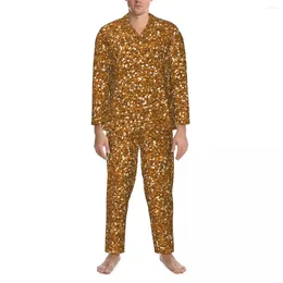 Vêtements de nuit pour hommes Bling Sparkle Automne Gold Glitter Imprimer Vintage Oversize Pyjama Ensembles Hommes À Manches Longues Nuit Chaude Imprimé Nuit