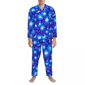 Pyjamas de tournesol bleu et violet pour hommes, imprimé floral, tendance, maison, automne, 2 pièces, ensembles de pyjama surdimensionnés décontractés