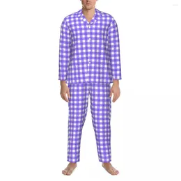 Vêtements de nuit pour hommes bleu et blanc vichy automne damier vintage surdimensionné pyjama ensemble hommes à manches longues loisirs imprimé vêtements de nuit