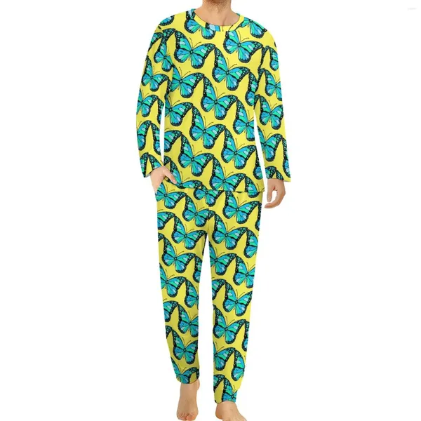Vêtements de sommeil pour hommes pyjamas de papillon bleu à manches longues