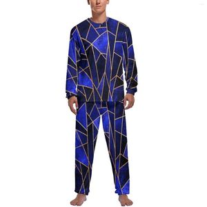 Vêtements de nuit pour hommes Blue Geometry Pyjamas Gold Line Print Men Long Sleeves Elegant Pyjama Sets 2 Pieces Night Spring Printed Home Suit Gift Idea