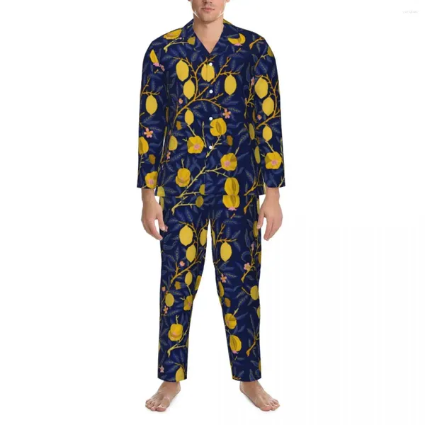 Vêtements de nuit pour hommes Bleu Citron Vignes Pyjama Ensembles Printemps Imprimé Floral Kawaii Quotidien Homme 2 Pièces Décontracté Surdimensionné Personnalisé Vêtements De Nuit Idée Cadeau