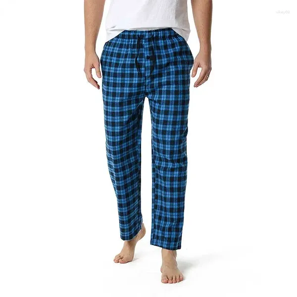 Pyjama pour hommes, vêtements de nuit à carreaux bleus, pantalons bas, détente, maison décontractée, pyjama décontracté avec bouton de cordon de serrage
