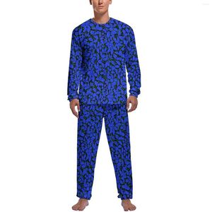 Ropa de dormir para hombre Pijamas de plantas azules Estampado de hojas para hombre Elegante Primavera Mangas largas Conjunto de gráficos para dormir de 2 piezas