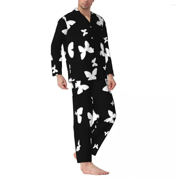 Pyjama papillon pour hommes, ensembles de vêtements de nuit, papillons noirs et blancs, mignon, manches longues, esthétique, maison, costume 2 pièces, grande taille