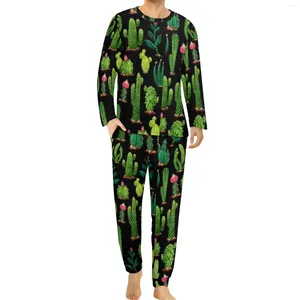 Ropa de dormir para hombre, pijamas de Cactus, ropa de dormir a la moda con hojas y plantas masculinas, conjunto de diseño informal de dos piezas de manga larga para primavera, talla grande