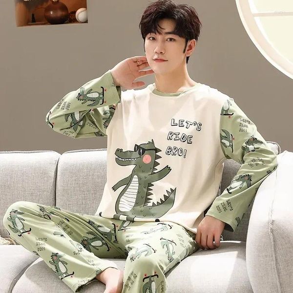 Vêtements de nuit pour hommes Dessin animé pour costume PJS Accueil Hommes Homme Tops Printemps Casual Pijamas Mâle Vêtements De Nuit Pantalon Longues Manches De Couchage Vêtements Coton