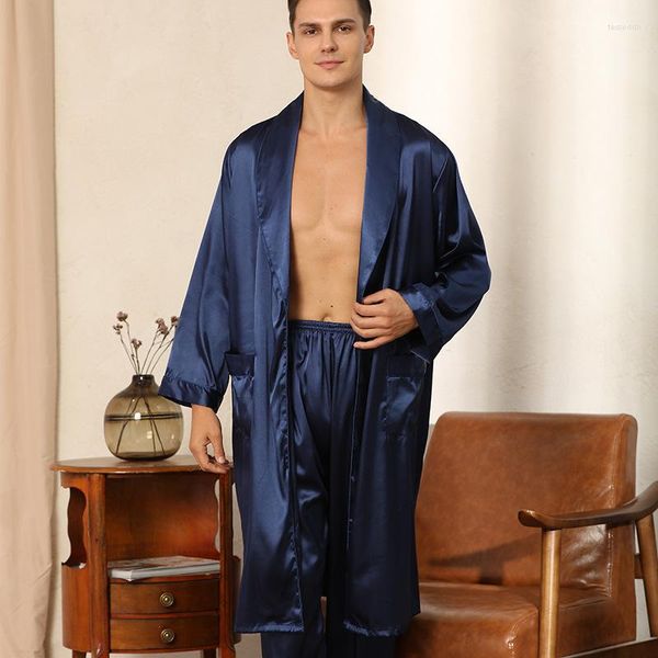 Vêtements de nuit pour hommes Pyjamas décontractés 2pcs Ensemble Hommes Bleu Satin Robe Lâche Peignoir Robe À Manches Longues Sleewear RobePants