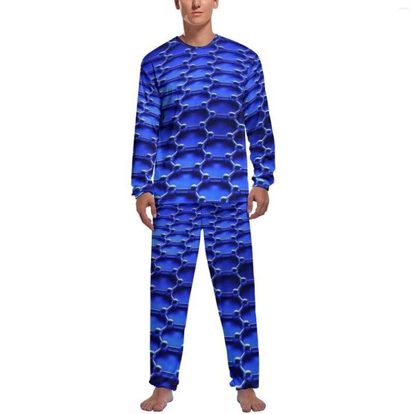 Vêtements de nuit pour hommes chaîne imprimé pyjamas hommes bleu lien romantique automne à manches longues deux pièces esthétique imprimé ensembles de pyjama