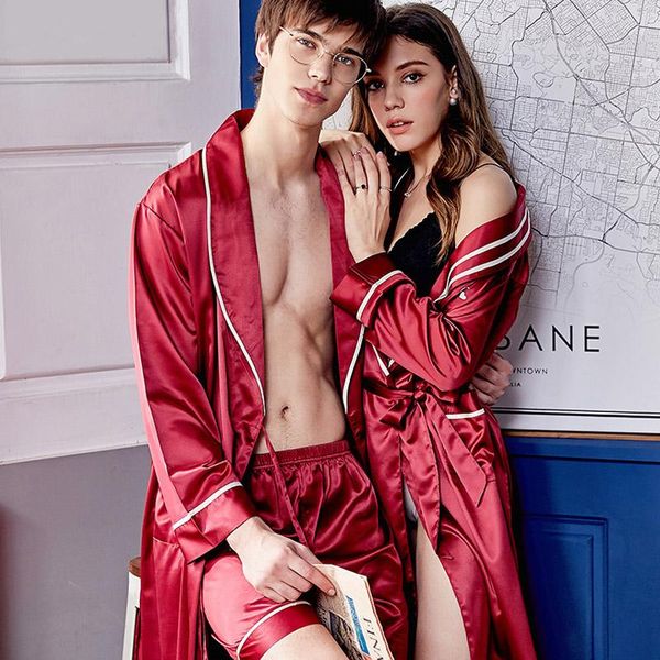 Vêtements de nuit pour hommes CherLemon été Couple Robe ensemble à manches longues solide soie rouge ensembles pour mariage Sexy peignoir hommes et femmes