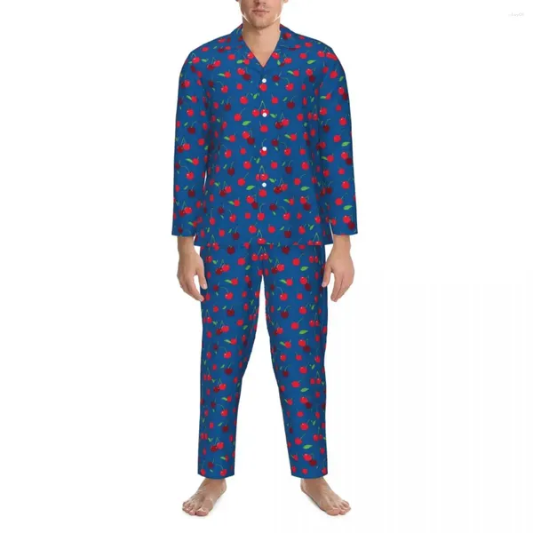 Pyjama imprimé cerises pour hommes, vêtements de nuit, rouge et bleu, tendance, chambre d'automne, 2 pièces, Design surdimensionné Vintage, ensembles