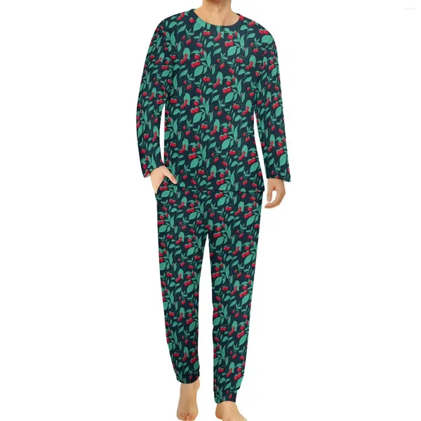 Vêtements de nuit pour hommes Cerises Tomates Pyjamas Manches longues Imprimé fruits 2 pièces Ensembles de pyjama esthétiques Hiver Mâle Graphique Tendance Oversize