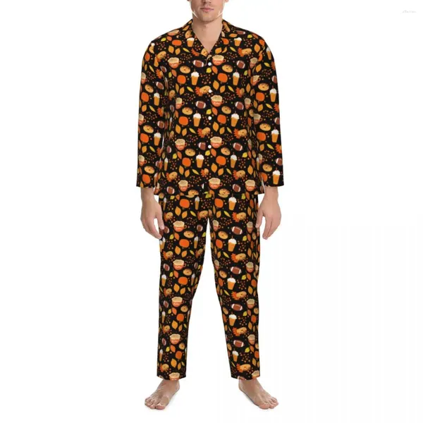 Ropa de dormir para hombre, conjunto de pijamas de gran tamaño estéticos con hojas de otoño y donut de Chocolate, ropa de dormir de diseño nocturno de manga larga para hombre