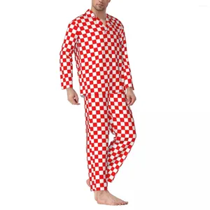 Heren Nachtkleding Kerst Dambord Herfst Rode En Witte Vierkantjes Losse Oversized Pyjama Set Mannen Lange Mouw Warme Nacht Nachtkleding