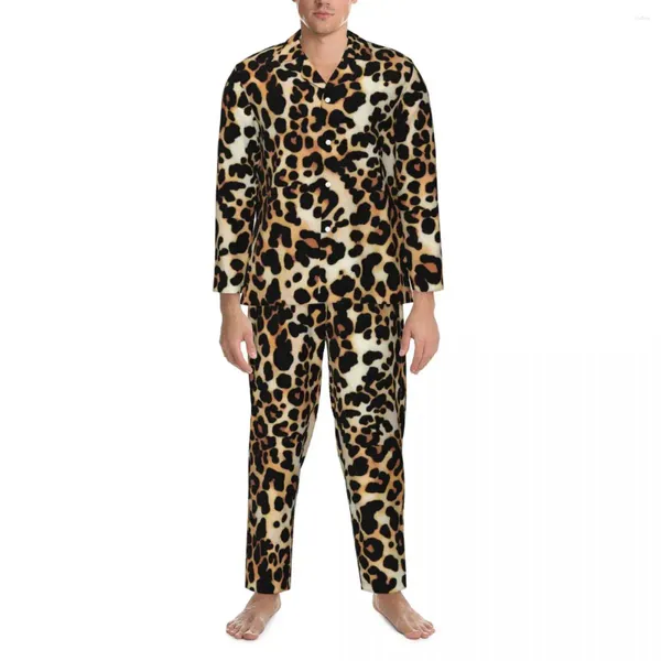 Ropa de dormir para hombres Conjuntos de pijamas con estampado de leopardo clásico Piel de animal de moda Hombres cálidos Manga larga Dormitorio retro 2 piezas Traje para el hogar Tallas grandes