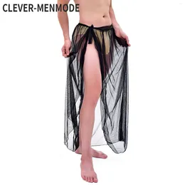 Vêtements de nuit pour hommes CLEVER-MENMODE Hommes Pyjamas Sexy Mesh Sleep Bottoms Voir à travers de longues culottes transparentes côté renversé chemise de nuit