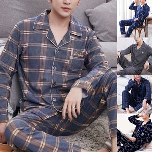 Slaapkleding voor heren Pyjama Casual Men Lange sets Huiskleding Draaglounge voor katoenen mannelijke mouw Pyjama herfst korte gestreepte broek 221124