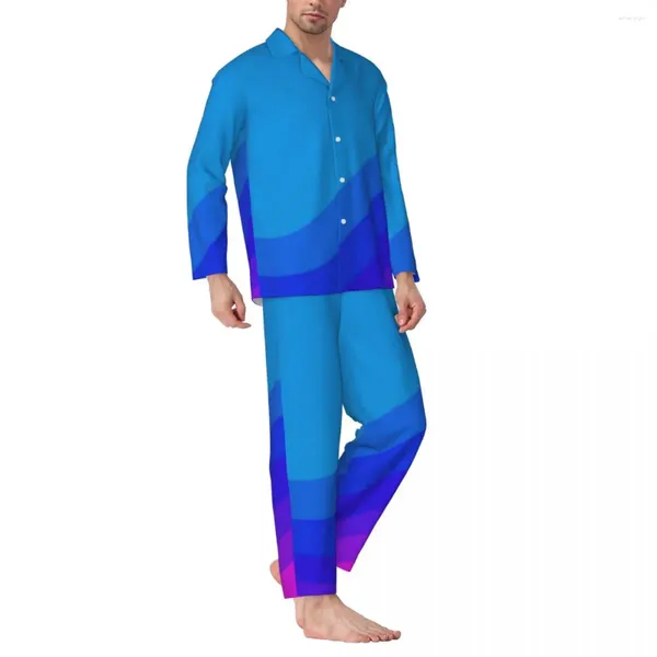 Ropa de Dormir para Hombre Pijamas con Estampado de Bloques de Colores Hombre Atardecer de neón Ropa de Dormir de Ocio Encantadora Otoño 2 Piezas Conjuntos de Pijama con patrón Suelto de Gran tamaño