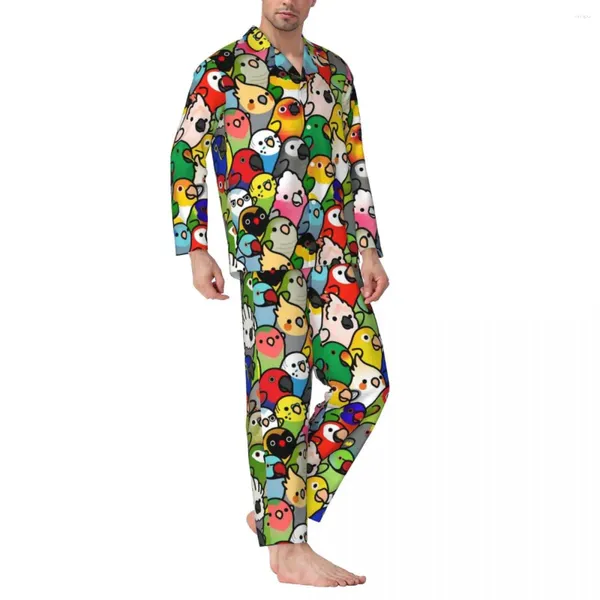 Vêtements de nuit pour hommes Pyjamas imprimés animaux colorés Homme Oiseaux Cacatoès Mignon Doux Loisirs Automne 2 pièces Ensembles de pyjama graphiques surdimensionnés décontractés