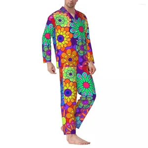 Ropa de dormir para hombres Conjuntos de pijamas de flores brillantes coloridas Otoño Retro Hippy Flor Dormitorio de moda Hombre 2 piezas Traje de casa informal de gran tamaño