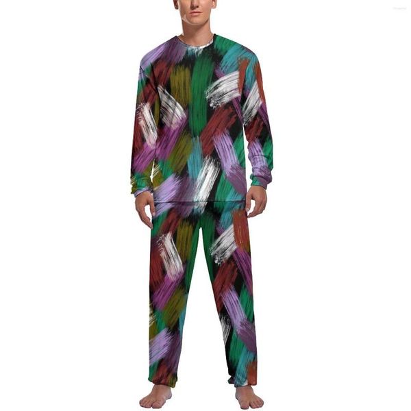 Ropa de dormir para hombre, pijamas con estampado de pinceles coloridos, rayas de pintura para hombre, conjunto gráfico nocturno de 2 piezas de manga larga de primavera lindo