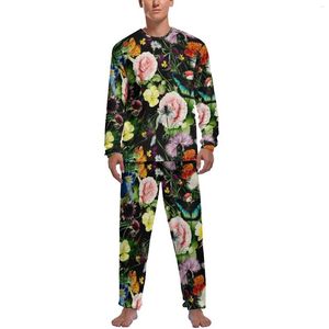 Vêtements de nuit pour hommes Pyjamas imprimés de fleurs colorées Quotidien Oiseau et papillon Sommeil Vêtements de nuit Hommes Deux pièces personnalisées à manches longues Ensembles de pyjama mignons