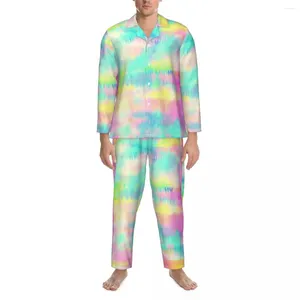Heren nachtkleding Kleurrijke Tie Dye Pyjama Heren Modern Regenboog Print Mode Nacht Herfst 2-delig Retro Oversized Patroon Thuispak