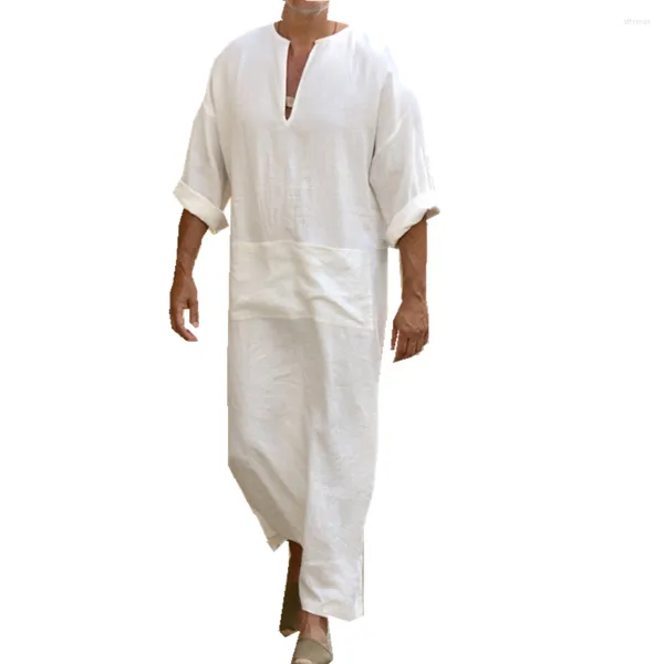 Ropa de dormir para hombre Traje nacional cómodo Ropa de hombre Túnica étnica Manga larga Lino Decorar Camisas Vestido
