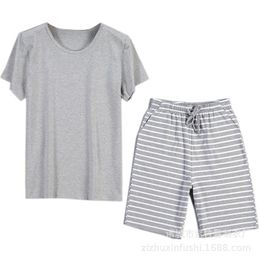 Mannen Nachtkleding Katoen Thuis Pak Zomer Dunne Gestreepte Pyjama Korte Mouw Shorts V-hals Slaap Slijtage Mannen Pyjama Homme