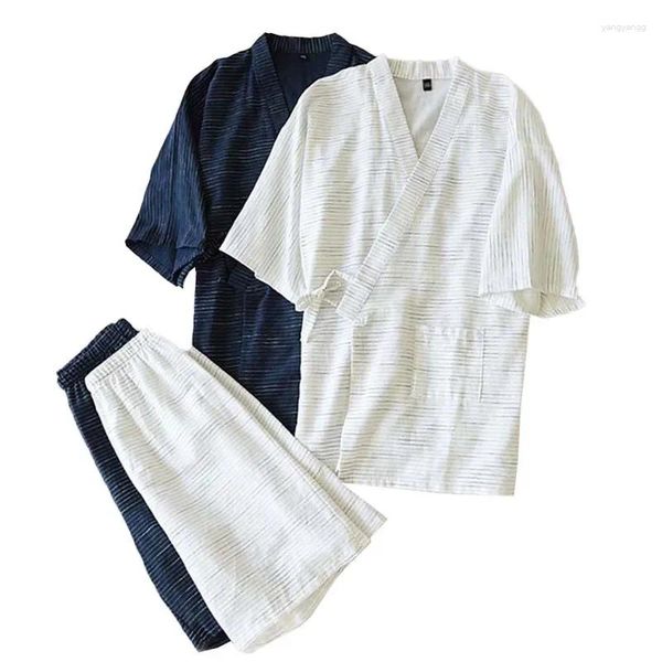 Ropa de dormir para hombres Algodón Jacquard Rayas Kimono japonés Pantalones cortos de manga corta Hogar 2 piezas Sudor de verano Estilo simple Ropa casual