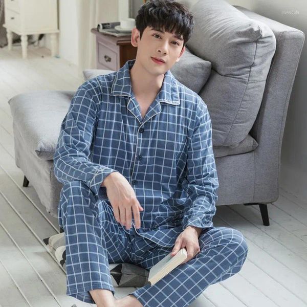 Ropa de dormir para hombres Algodón Hombres Pamas Azul Plaid Primavera Ropa para el hogar Pijamas Set 2 Piezas Dormitorio Pjs Manga larga Otoño Pijamas Trajes de pantalón