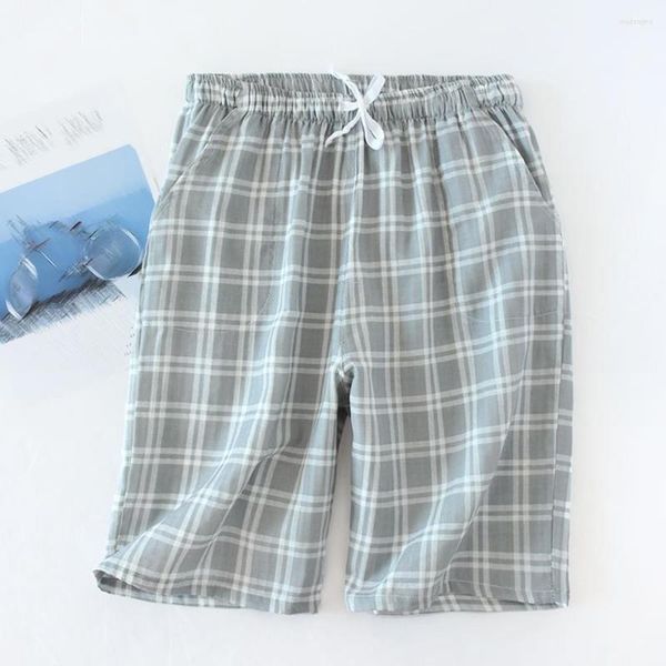 Ropa de dormir de algodón para hombre, pantalones cortos de pijama a cuadros con cintura elástica holgada informal de verano para hombre, pantalones cortos con cordón, calzoncillos largos