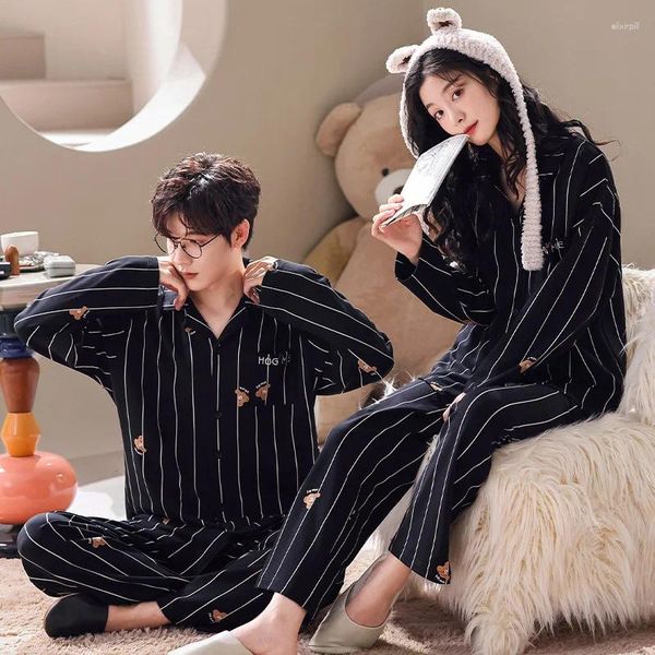 Vêtements de nuit pour hommes Couple Pyjamas Ensembles assortis Adultes 95% Vêtements de nuit en coton pour hommes et femmes Cardigan Vêtements de maison Pyjamas Homme Femme