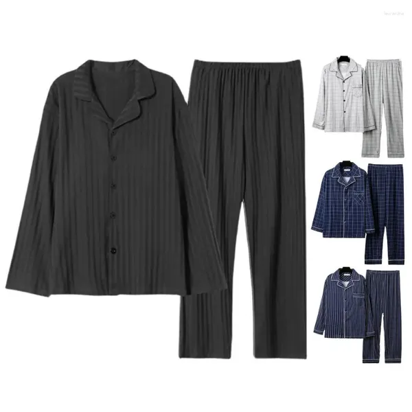 Vêtements de Nuit pour Hommes Pyjamas en Polyester Confortables Ensemble de Pyjama élégant Automne Hiver Rayé à Carreaux Imprimé Couleur Assortie Revers Simple Boutonnage Manches Longues