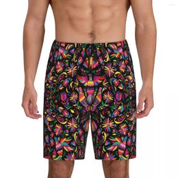 Ropa de dormir para hombres Flores mexicanas personalizadas Otomi Patrón de arte Bottoms For Men Lounge Sleep Shorts Stretch Pjs con bolsillos