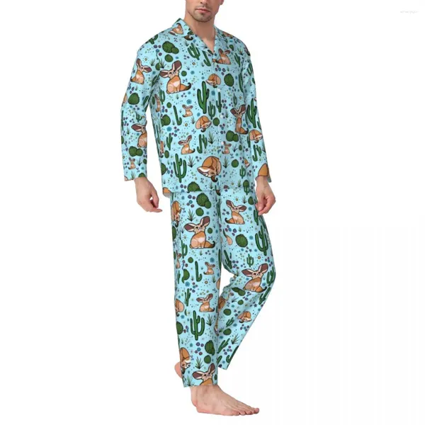 Vêtements de nuit pour hommes Mignon Fennec Pyjama Ensembles Cactus Désert Imprimer Mâle Manches Longues Rétro Sommeil Deux Pièces Vêtements De Nuit Grande Taille XL 2XL