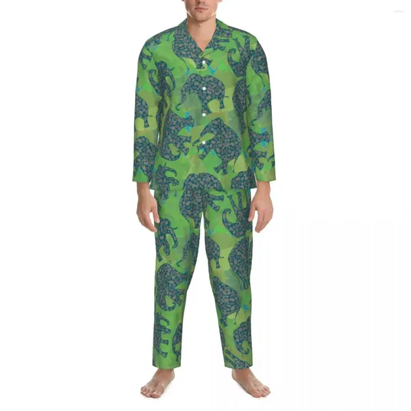 Vêtements de nuit pour hommes Mignon Paisley Elephant Pyjama Ensembles Automne Vert Jungle Feuilles Chambre Homme 2 Pièces Lâche Oversize Graphique Cadeau De Nuit