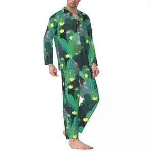 Ropa de dormir para hombres Conjunto de pijamas de plantas lindas Cactus verde Cómodo Pareja Manga larga Dormitorio informal 2 piezas Traje para casa Tallas grandes