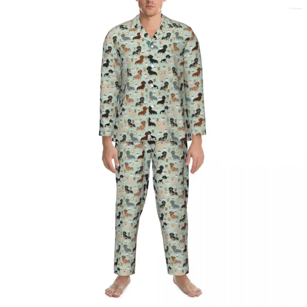 Vêtements de nuit pour hommes Teckel Cafés Pyjamas Ensemble Chien Design Beau Couple Manches Longues Esthétique Chambre 2 Pièces Costume À La Maison Plus Taille 2XL