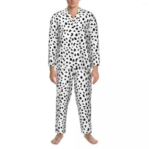 Vêtements de sommeil pour hommes dalmatiens imprimé automne en noir et blanc pyjama oversize libre ensembles masculins à manches longues nuit de nuit personnalisée