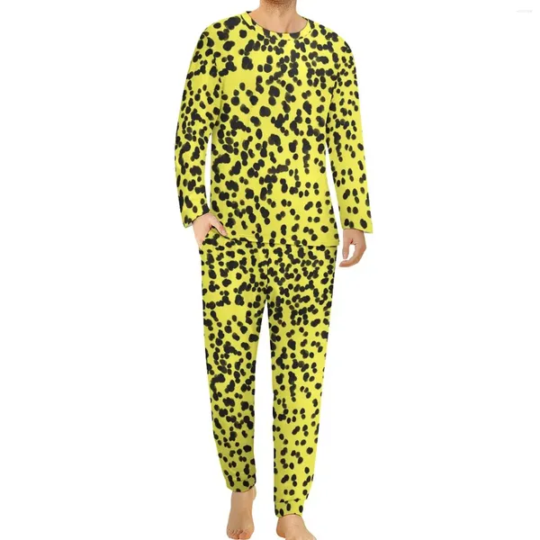 Vêtements de nuit pour hommes Pyjamas dalmates Printemps Noir Jaune Pois Sommeil Vêtements de nuit Homme 2 pièces Motif à manches longues Cool Big Taille Pyjama Ensembles