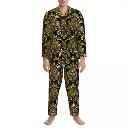 Pyjamas pour hommes Damask Floral Pyjamas Hommes Noir et Or Belle Sleep Nightwear Automne 2 pièces Casual Oversize Design Set