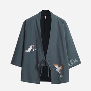 Slaapkleding voor heren Donker grijs mannen Japanse stijl Yukata jas lente herfst vintage samurai kostuum linnen katoenen los borduurwerk kimono jurken '