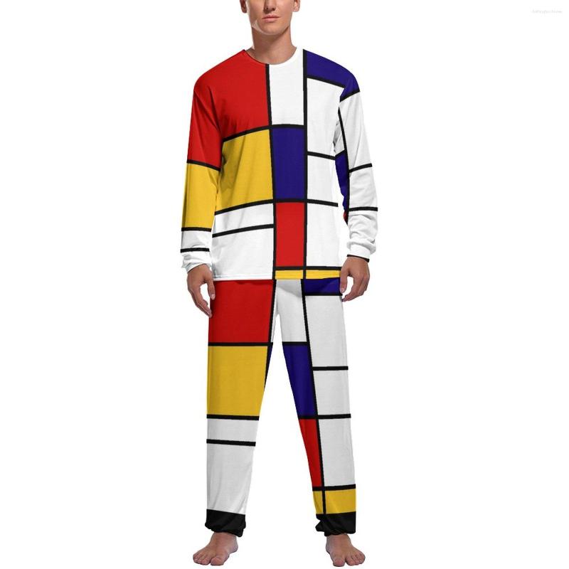 Herren-Nachtwäsche, De Stijl-Druck-Pyjama, für Männer, Mondrian-inspiriert, cooles, tägliches, langärmliges, zweiteiliges, ästhetisches Grafik-Set