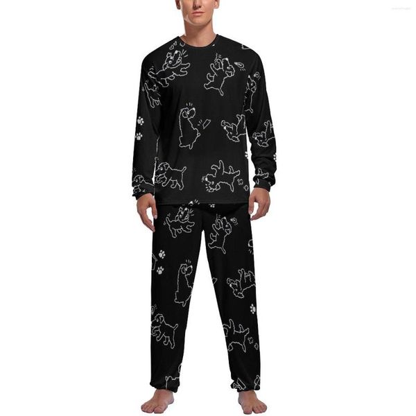 Vêtements de nuit pour hommes Dog Love Bone Pyjamas à manches longues imprimé animal 2 pièces Ensemble de nuit Automne Homme Modèle Rétro Vêtements de nuit