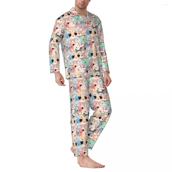 Pyjama pour hommes, vêtements de nuit pour hommes, imprimé chien, ensemble coloré, Animal Kawaii, manches longues, décontracté, sommeil, 2 pièces, costume de maison, grande taille 2XL