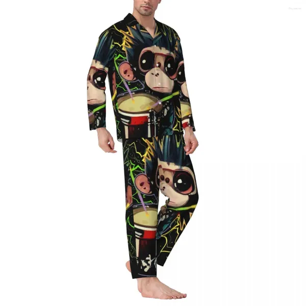 Ropa de dormir para hombres Drumming Monkey Spring Cute Animal Print Vintage Conjunto de pijama de gran tamaño Hombres Manga larga Kawaii Traje diario personalizado para el hogar